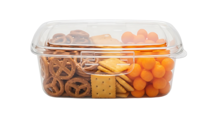 Transparent Food Container with Pretzels Crackers and Cheese Balls for Snacks