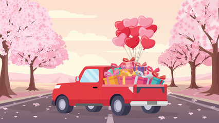 Red pickup truck full of gift boxes and heart balloons driving on road with pink cherry blossom trees. Vector illustration for Valentine's Da. love delivery and spring romance concepts.