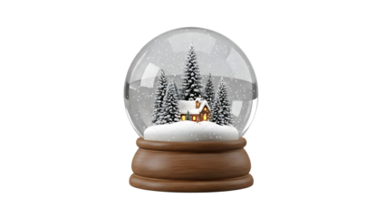 Snow Globe with Cozy Winter Cabin Surrounded by Snowy Trees and Falling Snow on Wooden Base