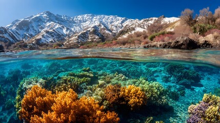 Fototapeta premium Split view of vibrant coral reef and snow-capped mountains under clear blue sky.