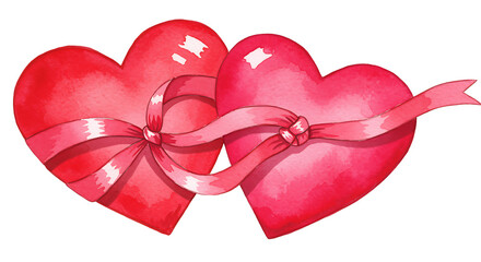 Two red hearts tied together with ribbon