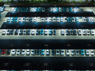 Night View of Solar Canopy Parking Lot with Illuminated Panels