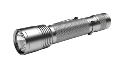 Metallic Flashlight with Textured Handle in Silver Color on White Background