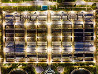 Aerial Night View of Illuminated Wastewater Treatment Plant