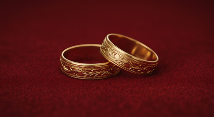 Beautiful gold wedding rings on red velvet background
