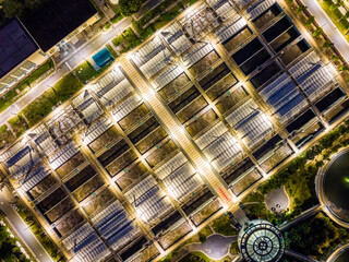 Aerial Night View of Illuminated Wastewater Treatment Plant