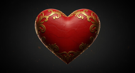 Luxurious red heart with gold ornament on black background
