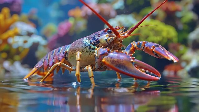 Vibrant Colorful Lobster Standing in Shallow Water with Reflection and Tropical Coral Reef Background, Slow Motion 4K