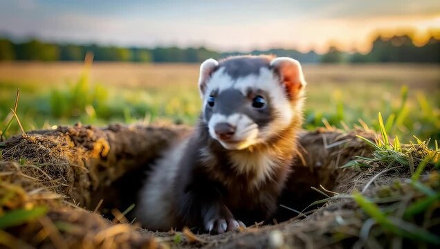 Adorable Ferret Portrait: A Cute Animal Peeks Out from Its Burrow in Golden Light, 2025
