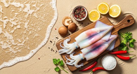 Raw whole squid with tentacles on wooden cutting board with lemon, chili, garlic, mushrooms, parsley, salt and pepper on sandy background. Flat lay food photography with copy space