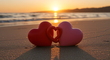 Romantic couple heart shapes on beach at sunset