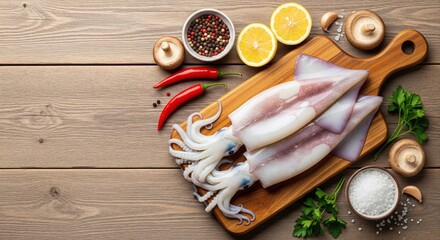 Raw whole squid with tentacles on wooden cutting board with lemon slices, chili peppers, garlic, mushrooms, parsley, salt and peppercorns on wooden table. Flat lay food photography with copy space
