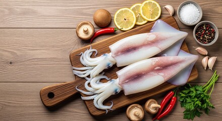 Raw whole squid with tentacles on wooden cutting board with lemon slices, chili peppers, garlic, mushrooms, parsley, salt and peppercorns on wooden table. Flat lay food photography with copy space