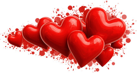 Cluster of red hearts with paint splatters on white background
