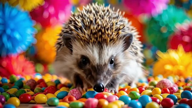Charming Hedgehog Amidst a Colorful Candy World: Delightful Close-Up and Sweet Surprise, Perfect