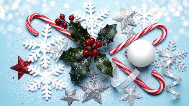 Festive ornaments with candy cane, holly, star, snowflake.