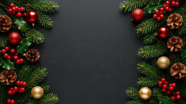 Christmas border of fir and ornaments on a blackboard.