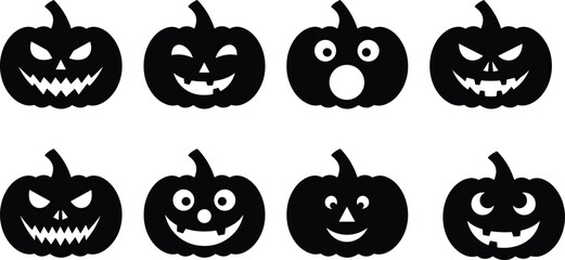 Halloween pumpkin silhouettes, spooky jack-o'-lantern faces, scary expressions, festive decoration, black icons, carving ideas, eerie design elements