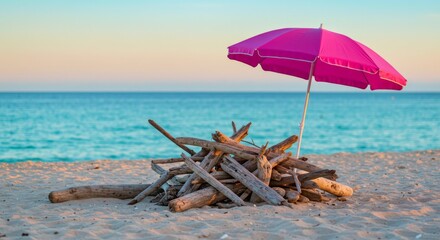 Fototapeta premium Pink Umbrella and Driftwood on a Sandy Beach at Sunset