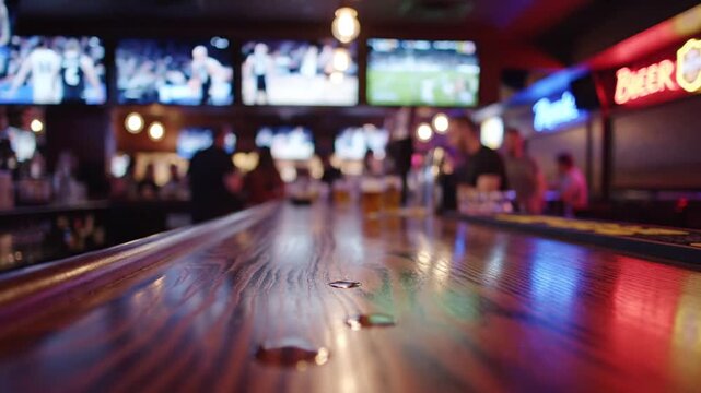 P11-Empty wooden counter in sports bar or pub with blurred TV displays with sporting events at the bar b 4K 10s
