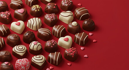 Assortment of chocolate truffles on red background for valentine's day