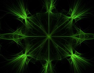 Symmetrical, fractal-like, bright green neon light display on black background