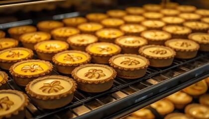 Candid scene of a bakery shelf filled with small apple custard tarts