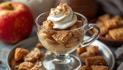 Realistic photo of a deconstructed apple pie dessert in a fancy glass cup