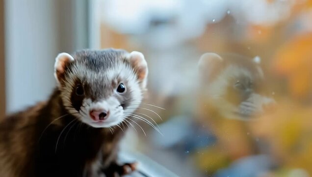 Curious ferret peering out the window at the autumn scenery, domestic animal