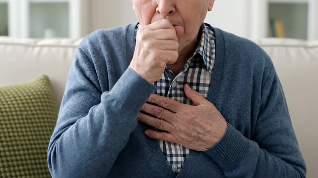 Senior man suffering from a cough, holding his chest in discomfort