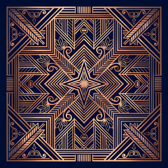 Luxury Art Deco geometric pattern with copper lines on dark blue background
