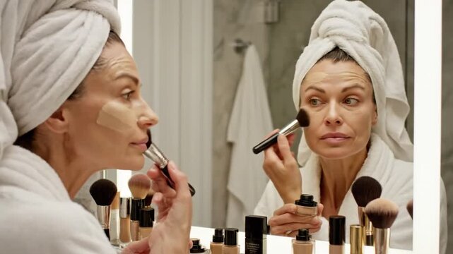 P129-Woman does makeup in front of a mirror applies foundation and concealer with brush after showering 4K 10s
