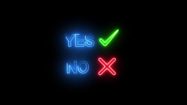 Glowing neon YES and NO text with checkmark and cross symbols on black background.