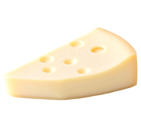 A fresh slice of yellow Swiss Emmental cheese with holes is a gourmet dairy snack and healthy food ingredient isolated on a white background for a single portion closeup