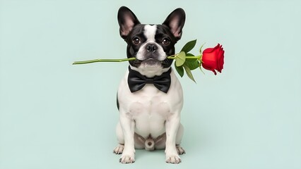 A charming black-and-white dog wearing a bow tie holds a red rose in its mouth, posing sweetly against a soft pastel background.
