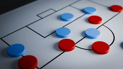 football(soccer) Tactics Board with Blue and Red Markers Strategy. 3d rendering