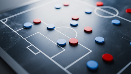 Football(soccer) Strategy Board with 3D Markers Chalkboard Background. 3d rendering