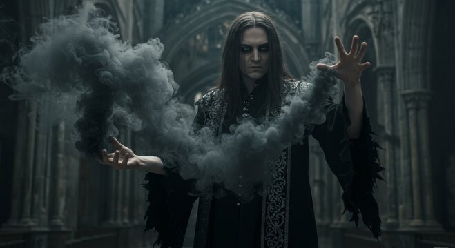 Mysterious Man in Dark Clothing Conjuring Smoke in Gothic Church