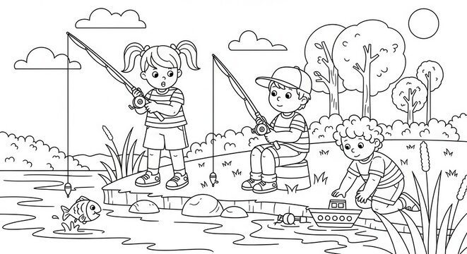 Three happy children engage in outdoor recreational activities near a body of water