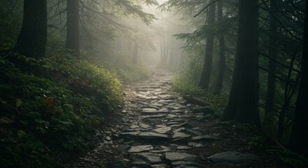 Fototapeta premium Misty Forest Path: A Stone Trail Through Lush Green Woods