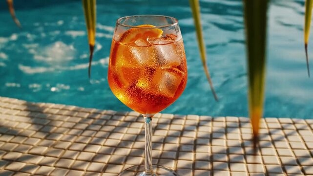 P36-Cocktail aperol spritz on the tiles edge of the pool shadows overlay 4K 10s