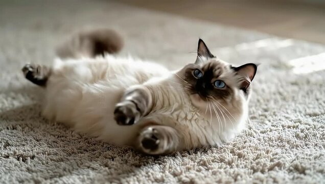 Cute Ragdoll Cat with Blue Eyes Playing and Relaxing on Carpet in Slow Motion 4K