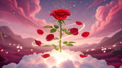 Rose Plant Standing on clouds with Petals flowing around the plant, Dreamy Atmosphere in Pink and Purple tone