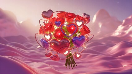 Glossy Rose Bouquet with Metallic Heart decorations, Valentine themed Y2K Surreal Dreamy Landscape