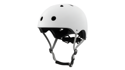 White Safety Helmet with Adjustable Straps and Ventilation Holes on Plain White Background