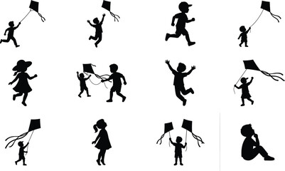 Kids flying kite silhouette icon set showing children playing, running, jumping outdoor activities collection isolated black vector illustration © MdAnoar