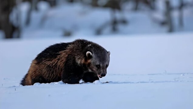 Wolverine Yelling and Growling in Snowy Winter Landscape, Wild Animal Behavior Slow Motion 4K
