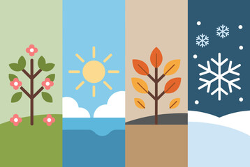 Flat Design Illustration of Four Seasons Spring, Summer, Autumn, Winter