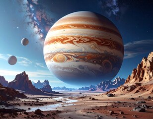 Surreal landscape with giant planet and celestial bodies