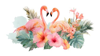 Two Pink Flamingos Forming a Heart Shape Surrounded by Tropical Flowers and Leaves.